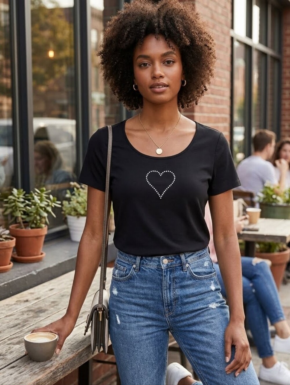 St. John Sport Black Pearl Faux Stud Heart Short Sleeve Tee Shirt Size L